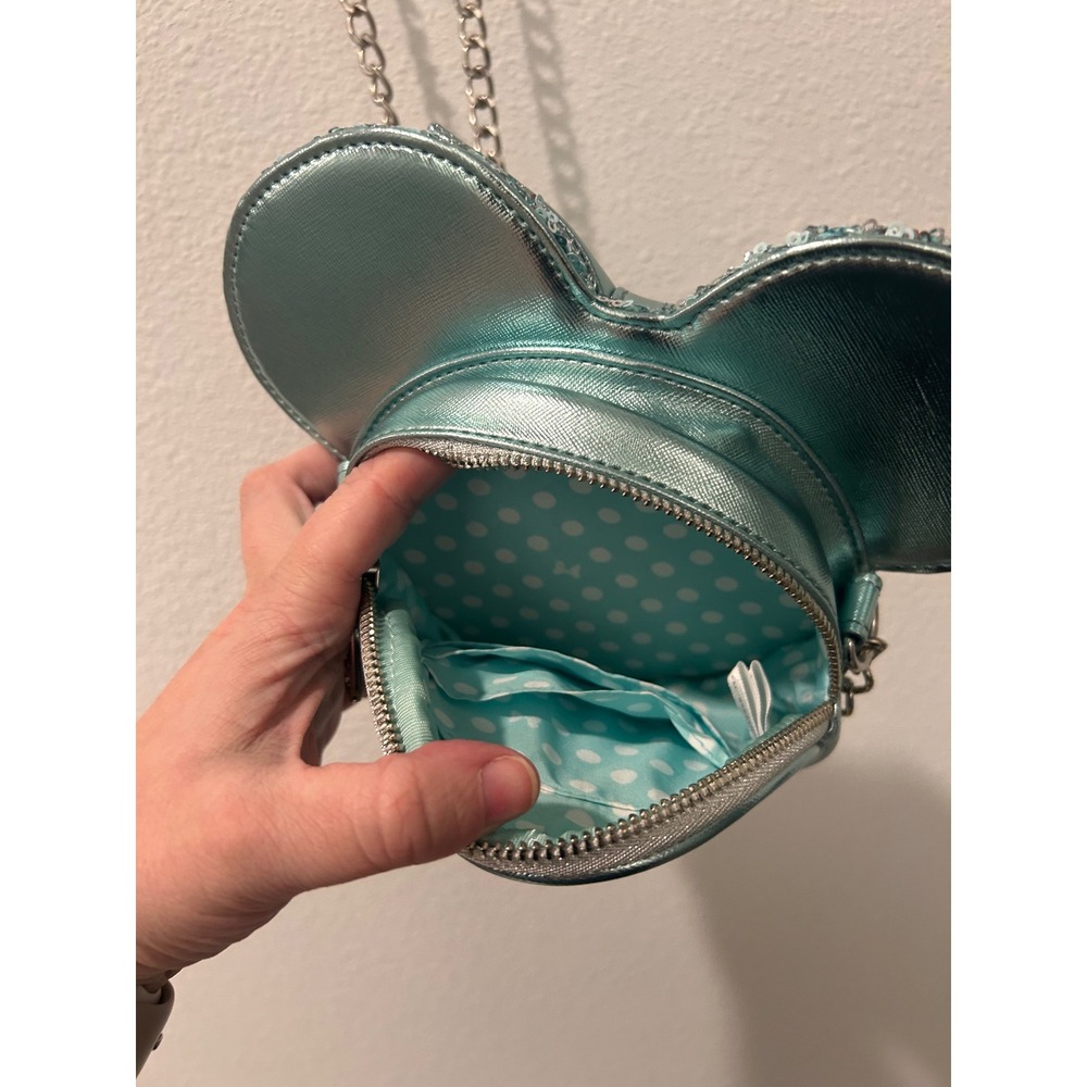 Loungefly Disney Parks Minnie Mouse Sequin Crossbody Bag Aqua Blue Mint Green - Picture 4 of 4